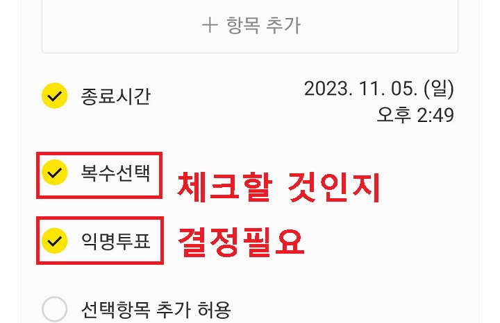 복수선택, 익명투표 체크란 보임