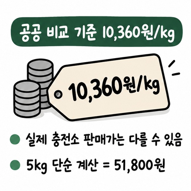 공공 차량 비교 기준 수소 가격 10,360원/kg과 실제 충전소 가격이 다를 수 있음을 보여주는 카드