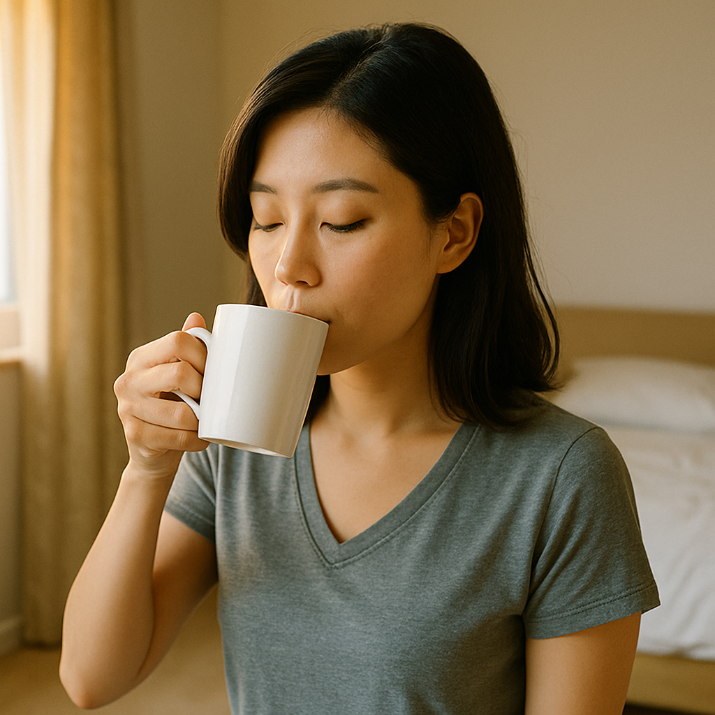 아침에 따뜻한 물을 마시는 여성의 루틴