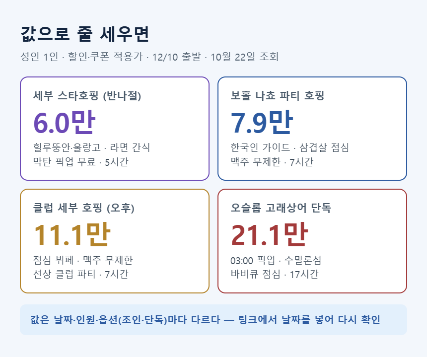 세부&middot;보홀 호핑투어 4개 성인 가격 비교 &mdash; 세부 반나절 6.0만, 보홀 7.9만, 파티 11.1만, 오슬롭 단독 21.1만