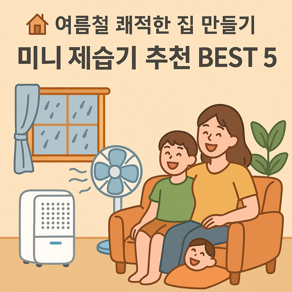 장마철 실내에서 미니 제습기가 작동 중인 모습. 창밖에는 비가 내리고, 실내에는 제습기와 화분, 소파가 놓여 있는 따뜻한 분위기의 거실.