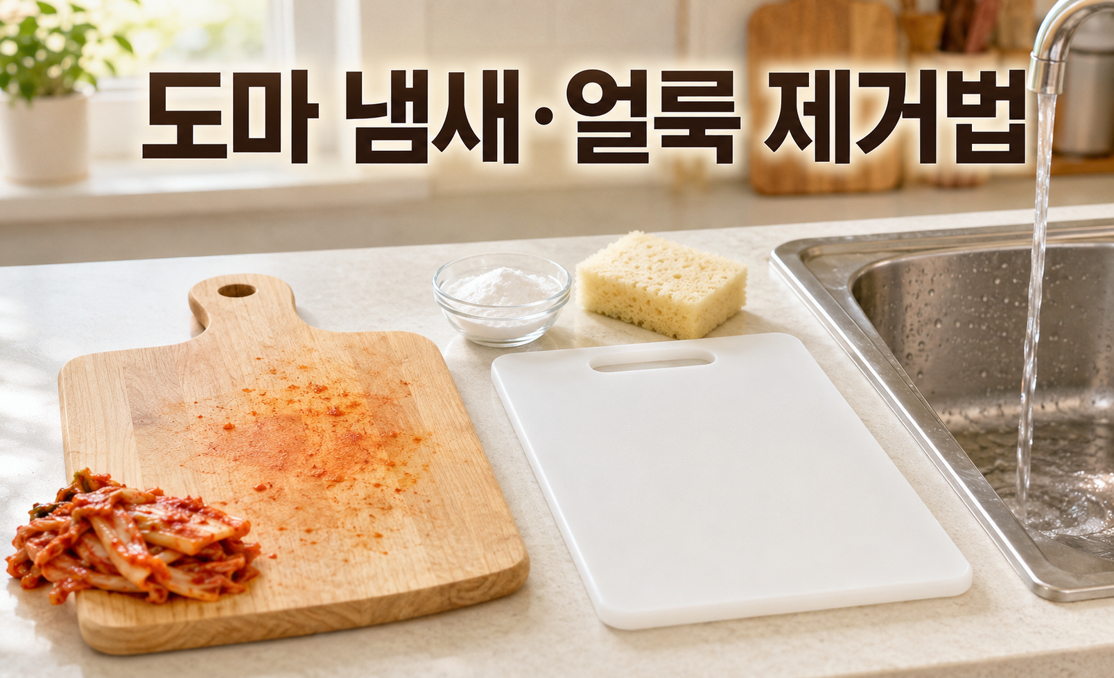 김치 얼룩이 묻은 나무 도마와 깨끗한 흰색 도마를 비교한 도마 냄새&middot;얼룩 제거법