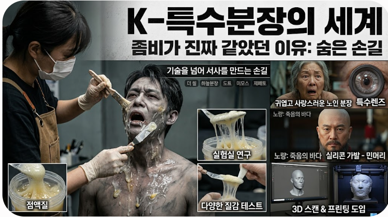한국영화 특수분장 현장에서 아티스트가 배우의 얼굴에 점액질 재료를 바르며 분장하는 모습과 3D 스캔&middot;실리콘 가발 작업 과정이 함께 담긴 썸네일 이미지입니다.