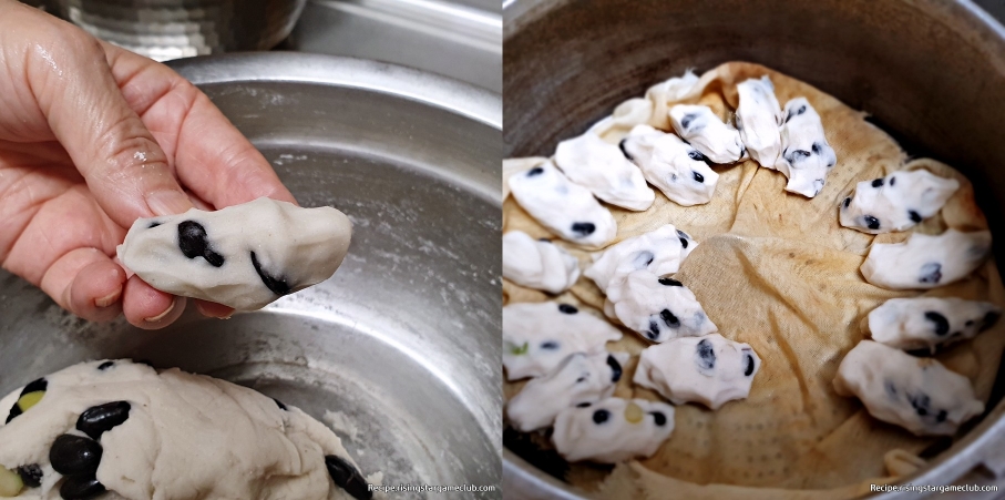 감자 콩떡 반죽을 적당한 크기로 빚어서 면포가 깔린 찜틀에 넣는 사진