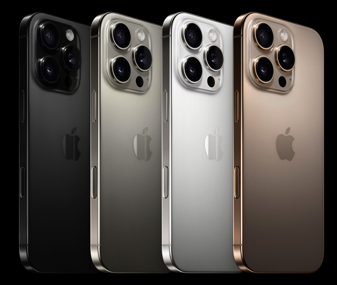 블랙 티타늄, 내추럴 티타늄, 화이트 티타늄, 데저트 티타늄의 총 네 가지 마감을 보여주는 iPhone 16 Pro 기기 네 개의 클로즈업 이미지.