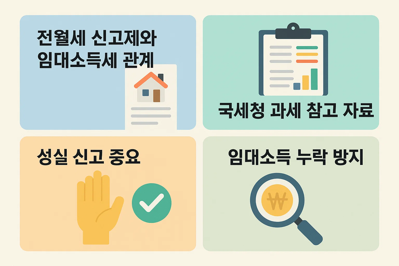 전월세 신고제와 임대소득세의 연관성, 국세청 과세 참고 자료, 성실 신고 중요성, 임대소득 누락 방지를 시각적으로 정리한 인포그래픽