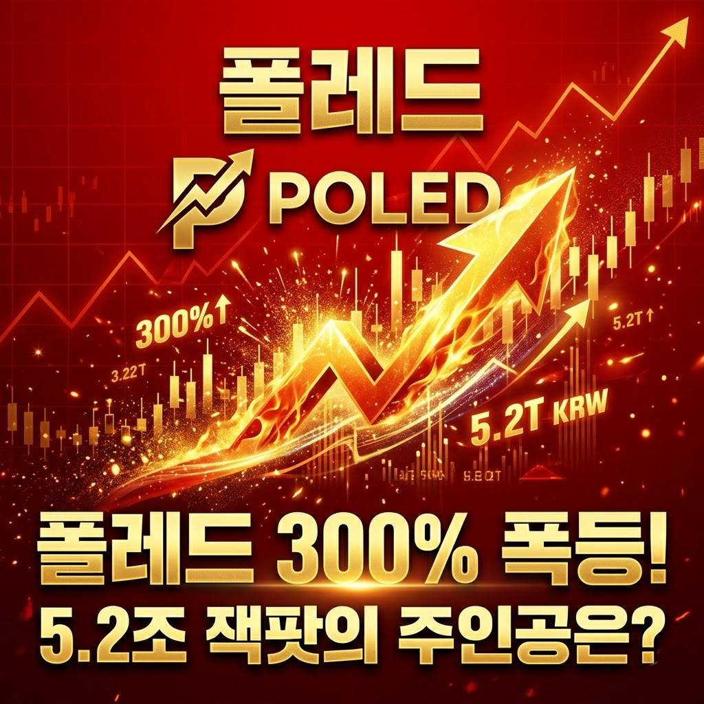 주식 전광판에 폴레드 종목코드 487580과 300% 상승 수치가 선명하게 찍힌 모습