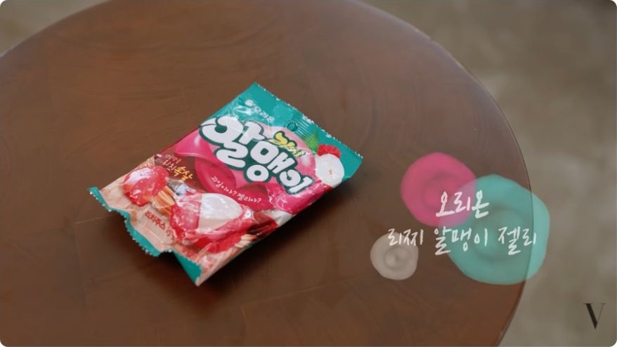 Orion Litchi Almaengyi jelly packaging shown in Lee Bo-young&rsquo;s Vogue Korea bag video