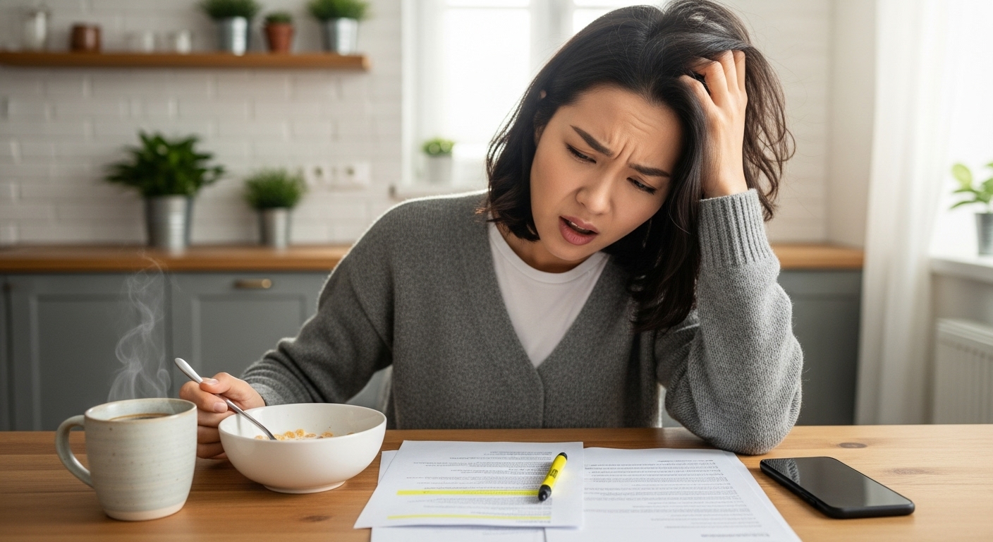 복잡한 금융 서류를 들고 혼란스러워하는 30대 후반 한국 여성, 보험 서류 이해의 어려움을 표현.
