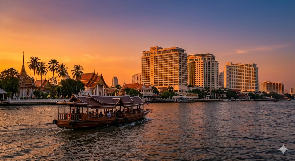 사판탁신 사톤 피어 인근 차오프라야 강변 야경과 보트 이동 분위기