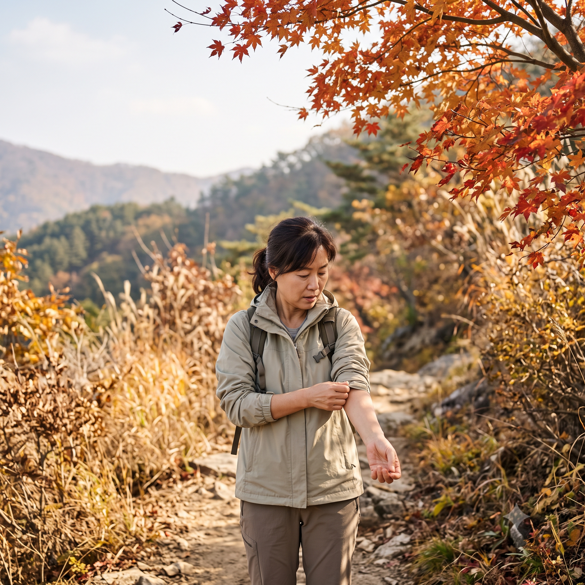 가을 산길에서 팔을 살펴보는 50대 여성