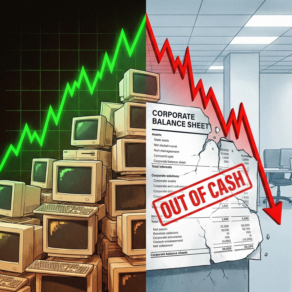 1990년대 후반 닷컴 버블 당시 급등락하는 나스닥 차트와 텅 빈 기업 재무제표를 대비시킨 일러스트