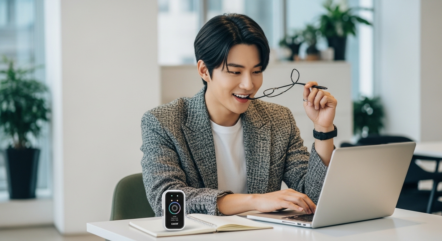 한국인 남성이 현대적이고 세련된 한국 카페나 코워킹 스페이스에서 노트북을 사용하며 활기차게 작업하는 모습. 테이블 위에는 스마트 스토어 상품과 같은 작은 제품이나 메모장이 놓여 있어 다각적인 업무를 보여줍니다. 생산성과 부캐 활동의 활기찬 분위기가 느껴집니다.