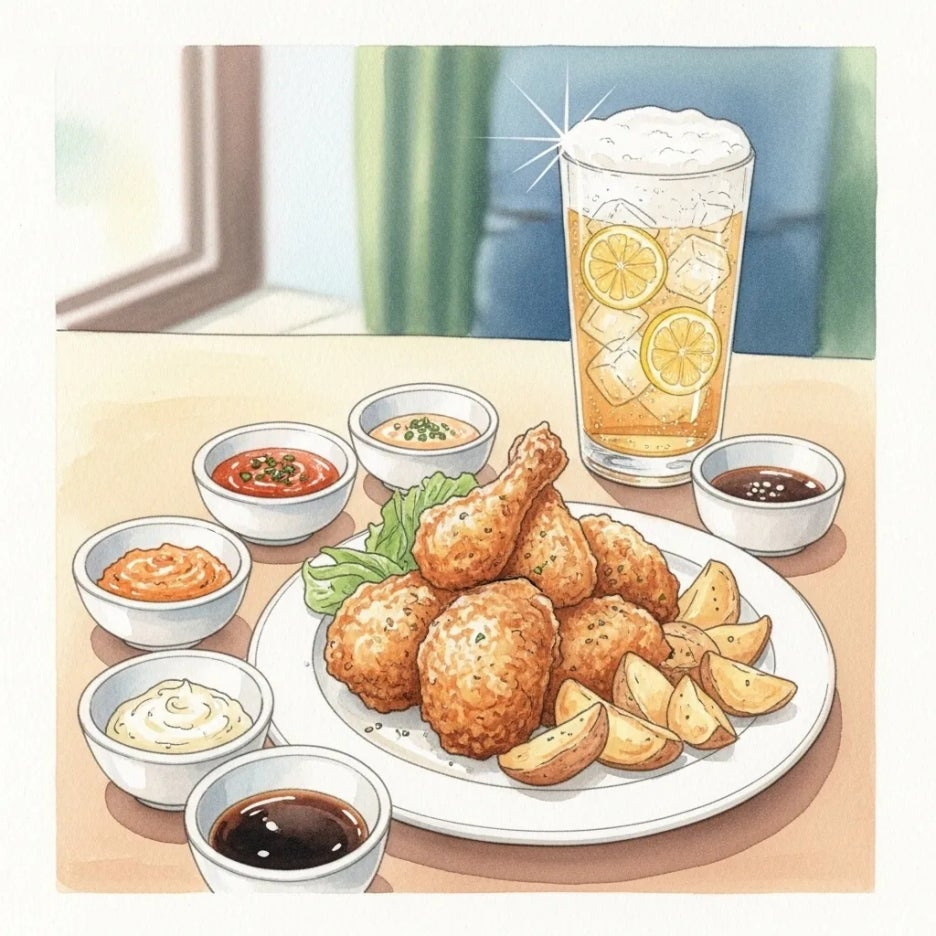 다양한 소스와 시원한 음료가 함께하는 치킨.