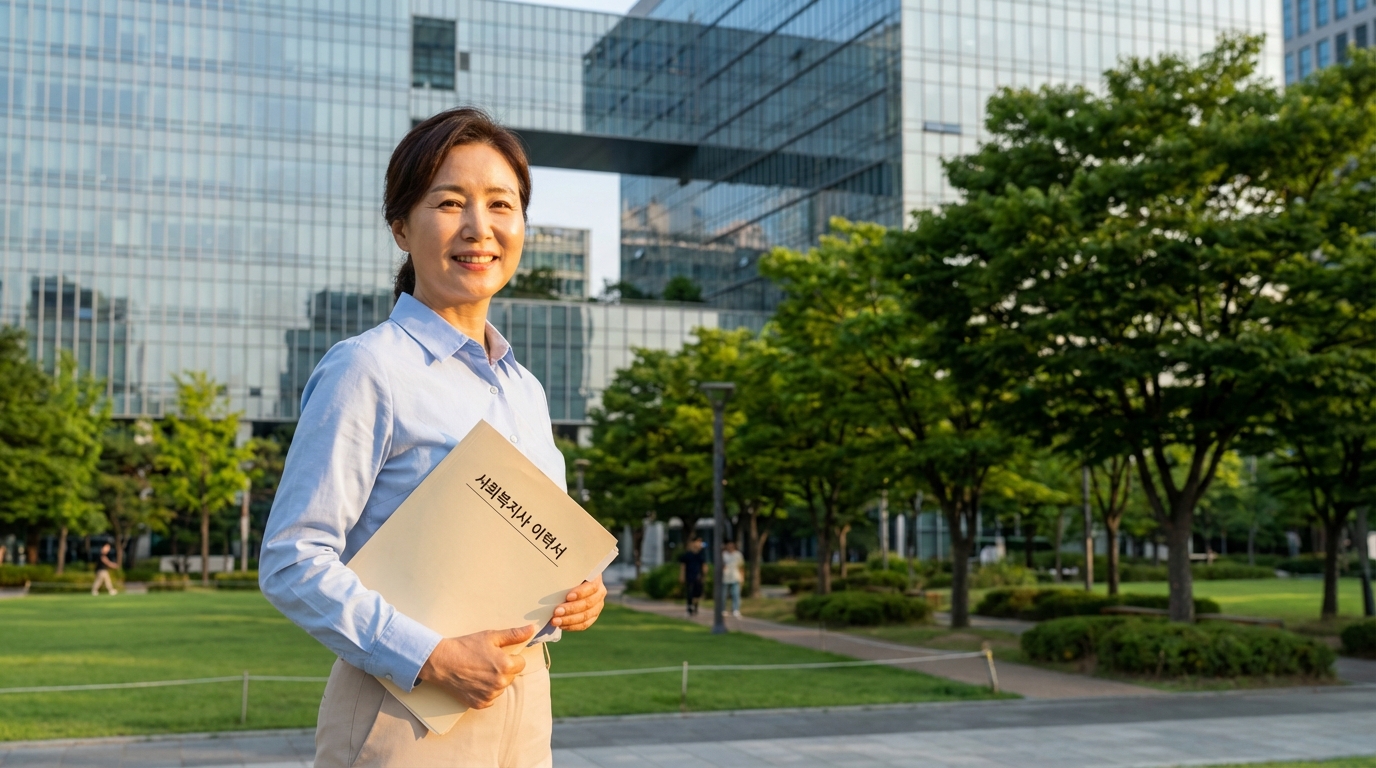 2026년 재가요양 사회복지사 취업을 위해 이력서를 들고 밝게 웃고 있는 신뢰감 넘치는 중장년 여성의 모습