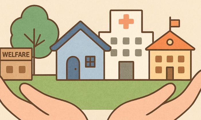 기본소득에서 기본사회로 전환된 복지 인프라 개념을 상징하는 그림