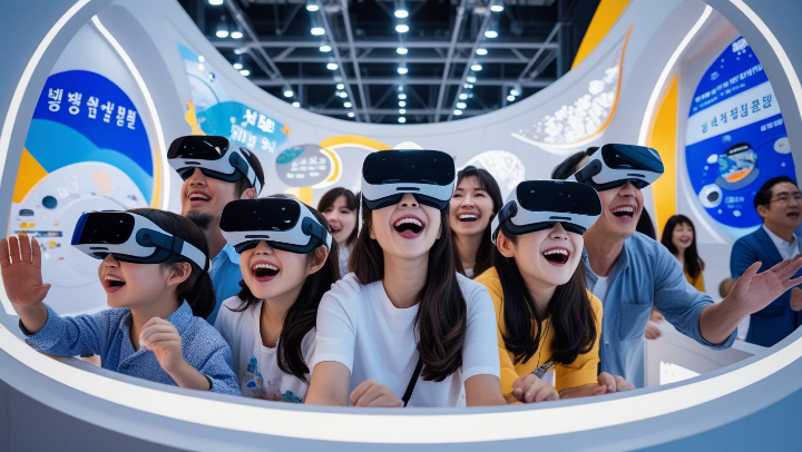 엑스포에서 방문객들이 VR 기기를 착용하고 최첨단 기술을 체험하고 있다.