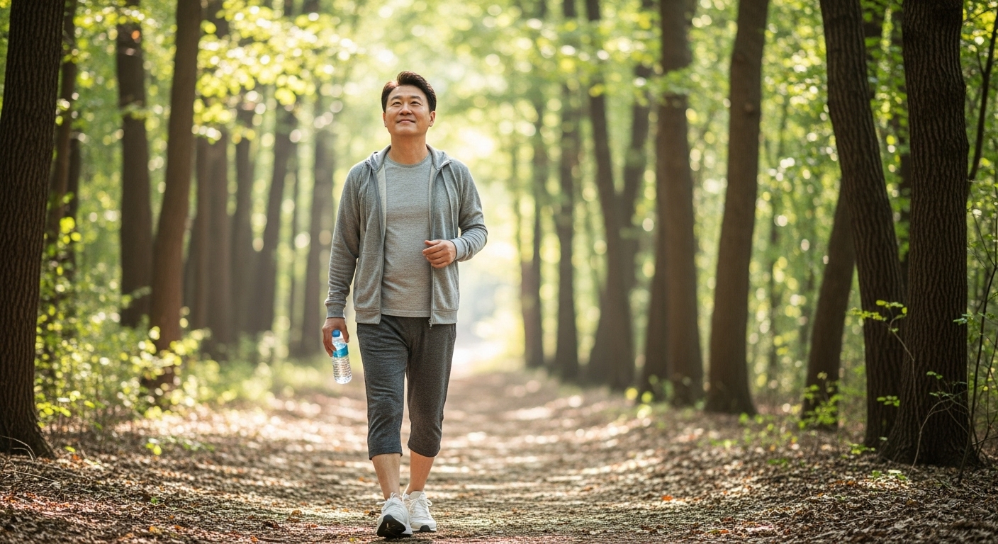 트리글리세라이드 수치를 낮추기 위해 걷는 한국 중년 남성