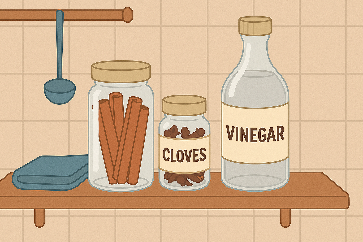 주방 선반 위에 개미 퇴치를 위한 계피 스틱, 정향, 식초병이 놓여 있는 모습