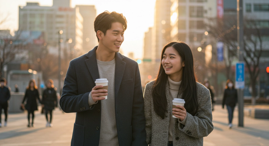 도심 아침에 커피를 들고 걷는 한국인 커플