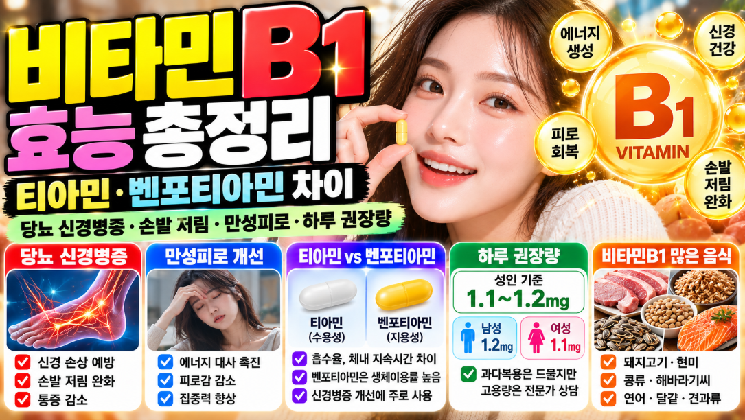 비타민B1 효능 총정리|티아민·벤포티아민 차이·당뇨 신경병증·손발 저림·만성피로·하루 권장량
