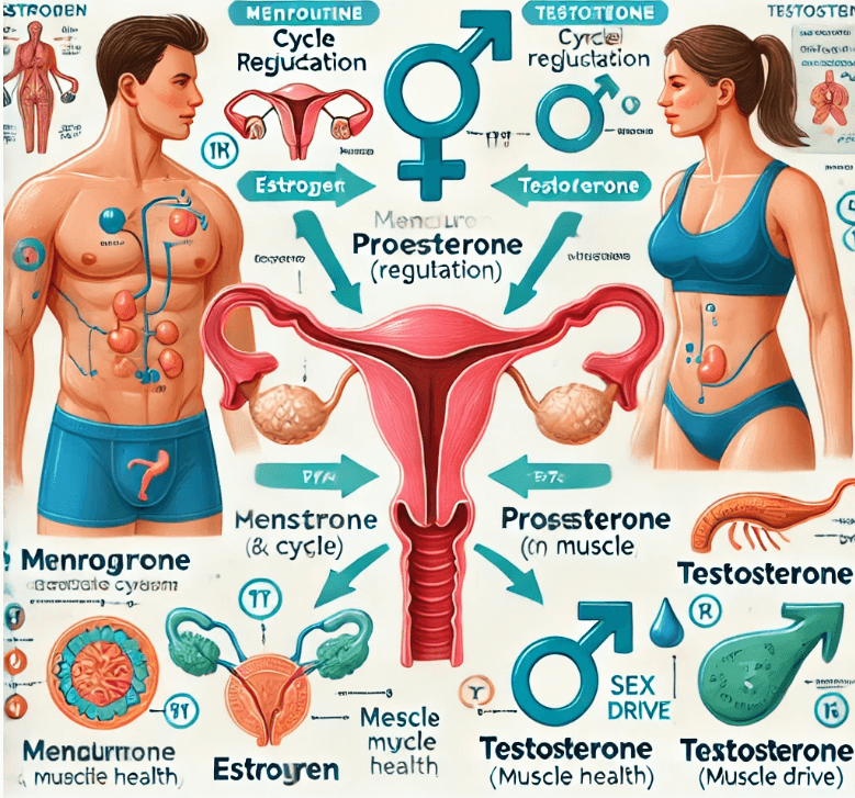 생식 기관과 호르몬 간의 연결을 보여주는 교육적 삽화가 있습니다. 에스트로겐, 프로게스테론, 테스토스테론의 역할을 강조한 그림