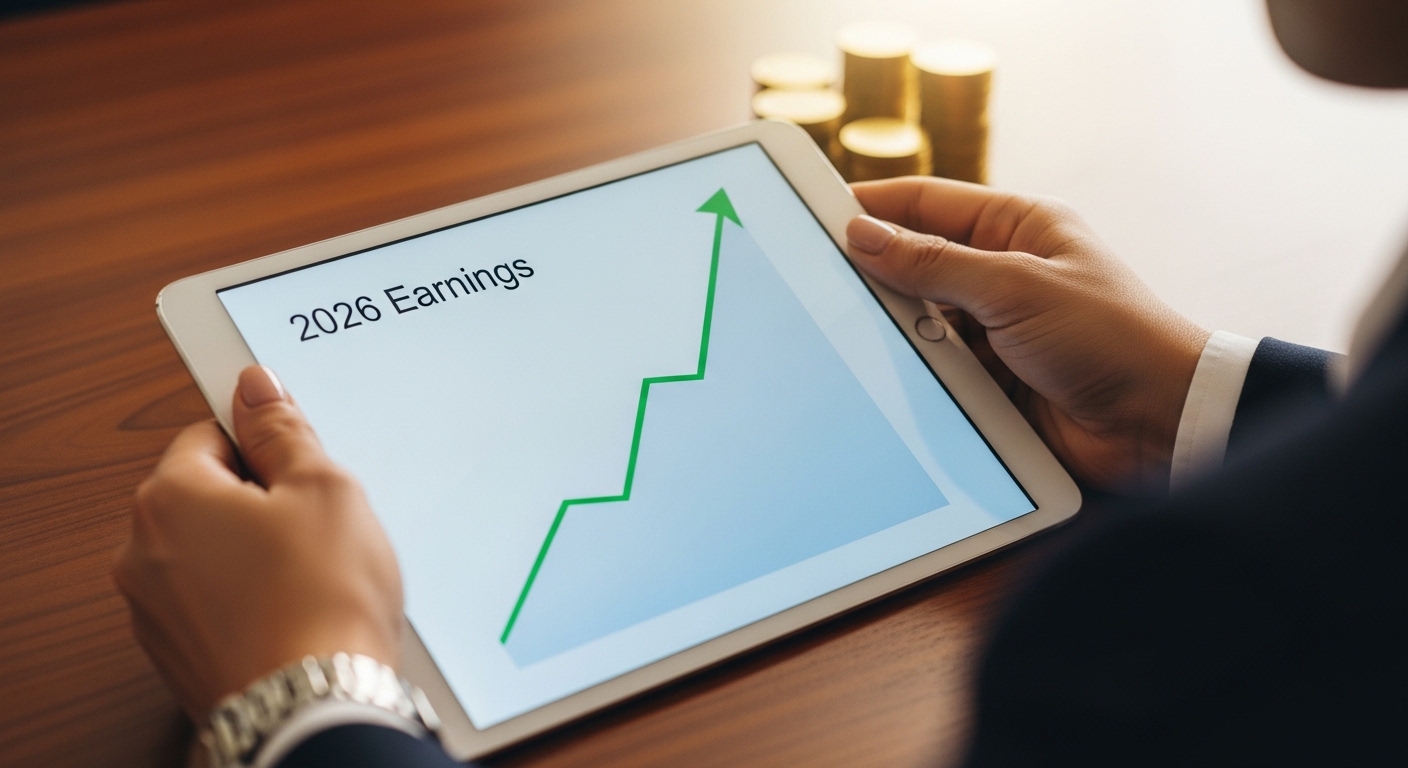A professional person's hands holding a tablet showing a clear upward growth chart of '2026 Earnings', with gold coins subtly stacked on a wooden desk. Successful investment vibe.