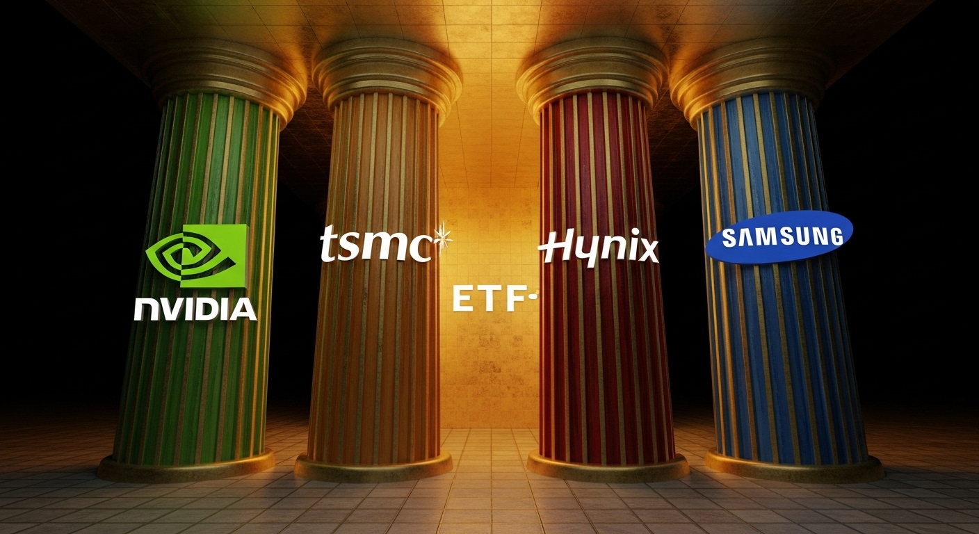 Temple-like image where four giant pillars (logos of Nvidia, TSMC, Samsung, Hynix) support a golden roof (ETF).