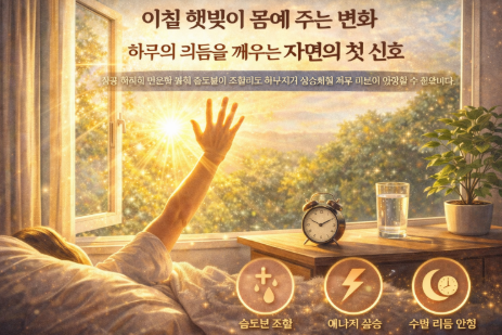 침대에서 아침햇빛을 보는 모습