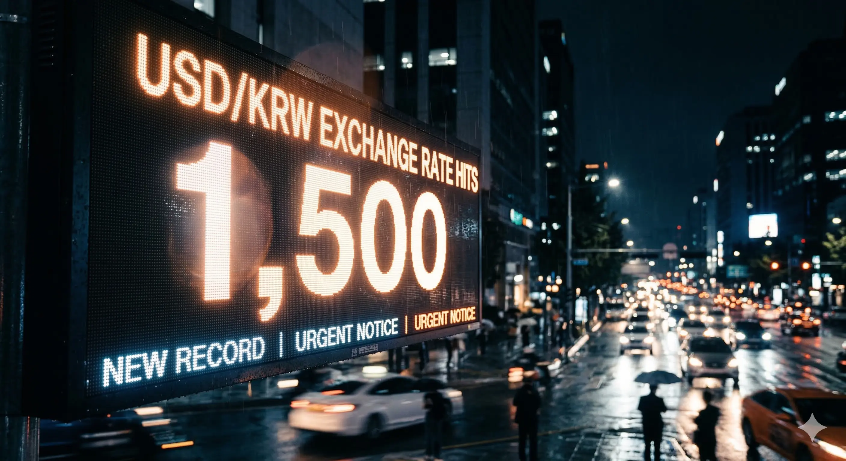 1,500원을 돌파한 원달러 환율 전광판과 서울 금융가 배경 이미지