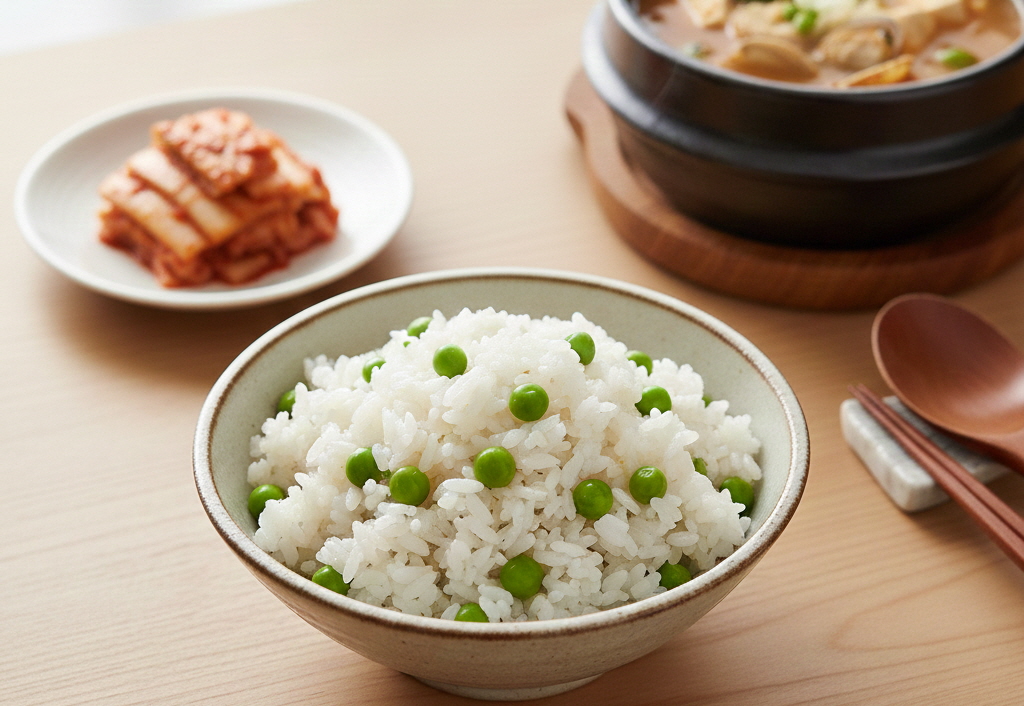 쌀의 부족한 라이신과 완두콩의 아미노산이 결합하여 완전 단백질을 형성하고 식후 당 흡수 속도를 늦춰 주는 영양 만점 완두콩 현미밥