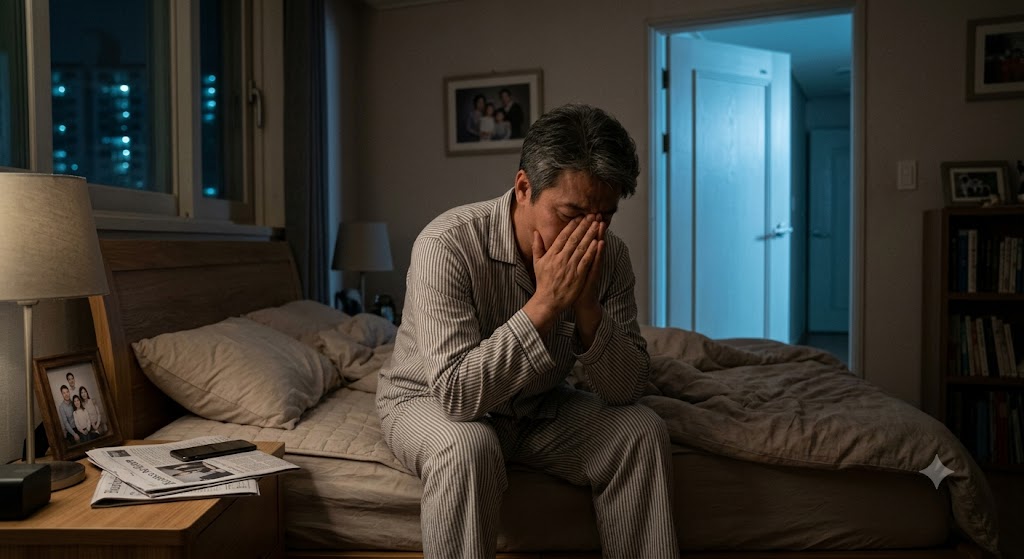 코스피 폭락 등 경제 악재로 인한 스트레스로 안방 침대에 앉아 밤잠을 이루지 못하고 괴로워하는 중년 남성의 모습. 만성 피로와 불면증 증상을 시각적으로 표현한 이미지.