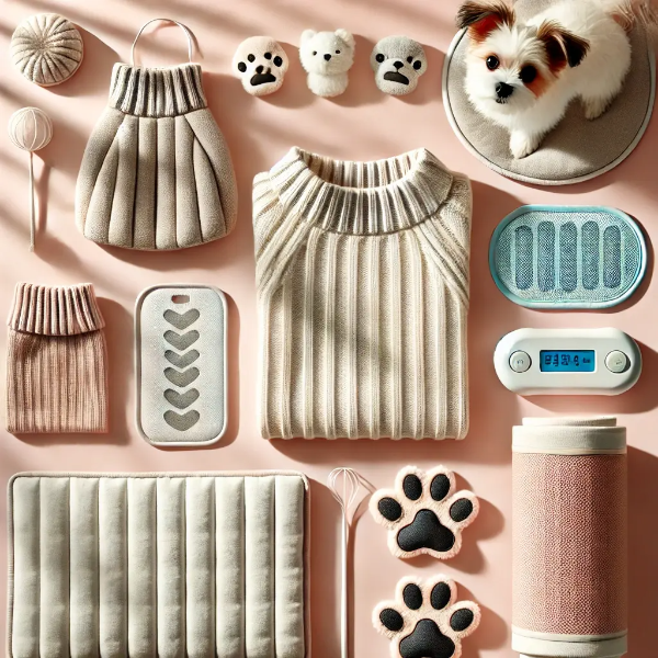 강아지용 스웨터, 담요, 온열패드 등 반려견 보온용품이 정돈된 이미지