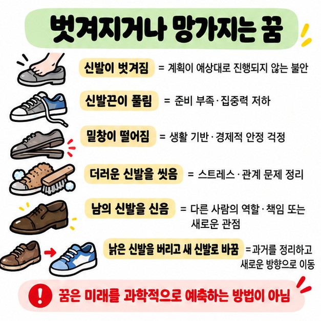 신발이 벗겨지거나 밑창이 떨어지고 더러운 신발을 씻는 꿈을 피로 부담 정리 심리와 연결해 보여주는 카드