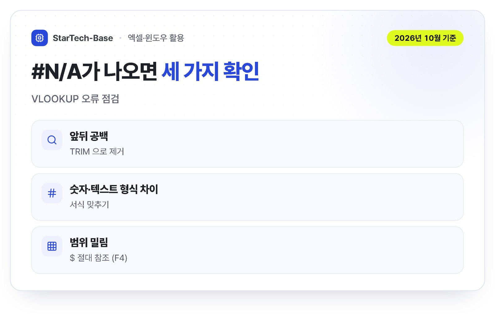 VLOOKUP #N/A 오류 원인 3가지 - 앞뒤 공백, 숫자와 텍스트 형식 차이, 범위 밀림