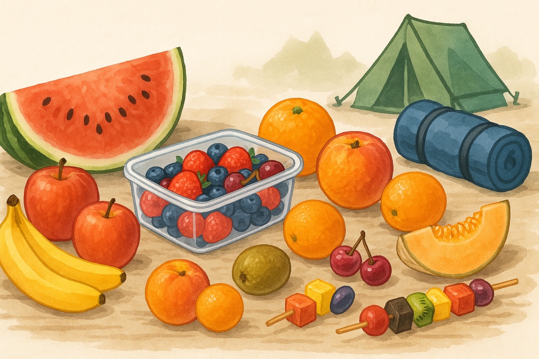 수박, 사과, 바나나, 귤, 베리류, 키위, 멜론, 과일 꼬치 등 다양한 과일과 캠핑 장비가 함께 놓인 수채화 스타일의 여름 캠핑 준비 장면