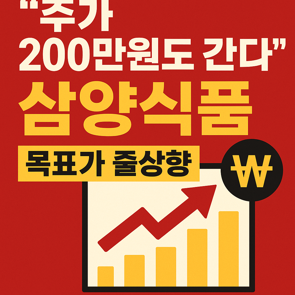 &ldquo;삼양식품 목표주가 상향 및 200만원 전망을 강조한 뉴스형 썸네일 이미지&rdquo;