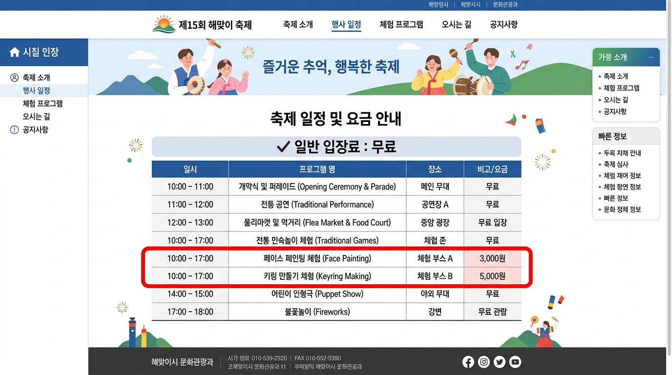 입장은 무료지만 내부 체험 부스는 유료로 운영됨을 안내하는 축제 프로그램 요금표 캡처