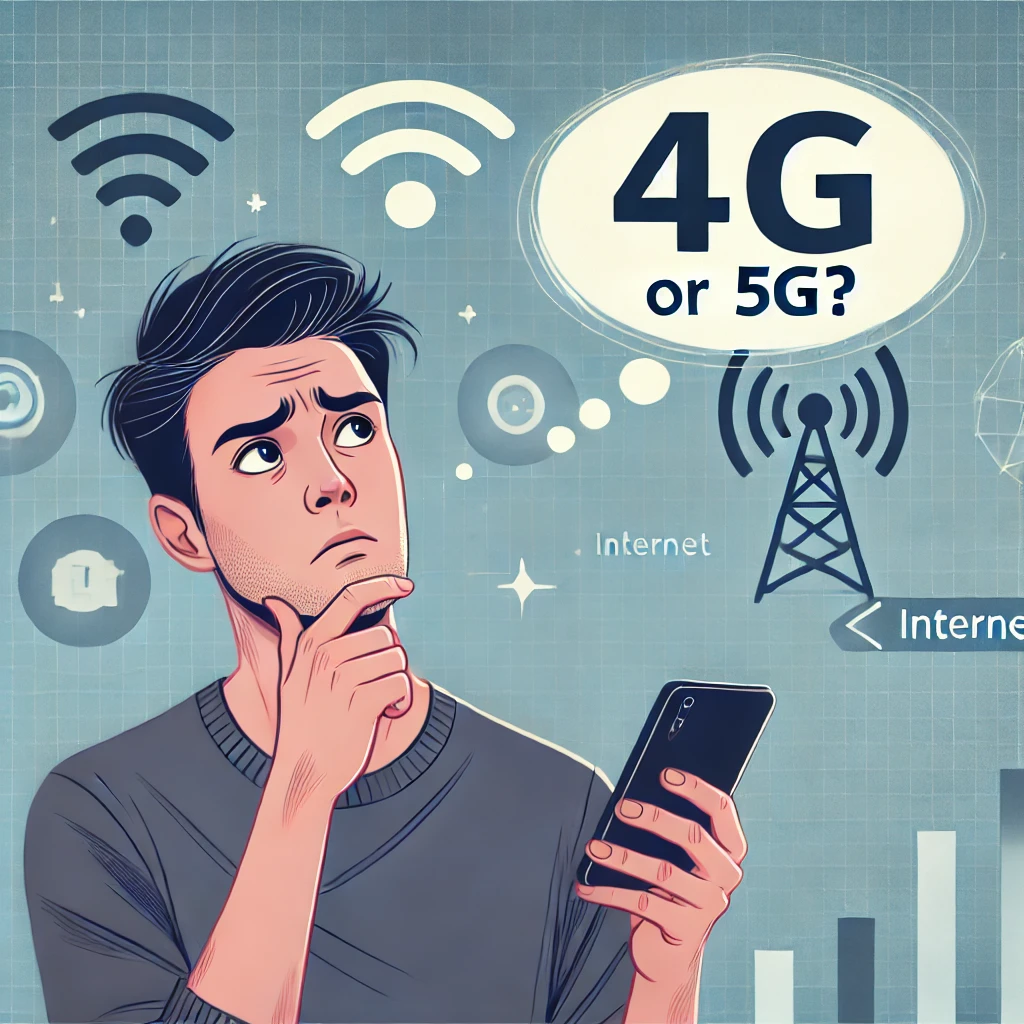4G와 5G 사이에서 고민하는 사람의 이미지