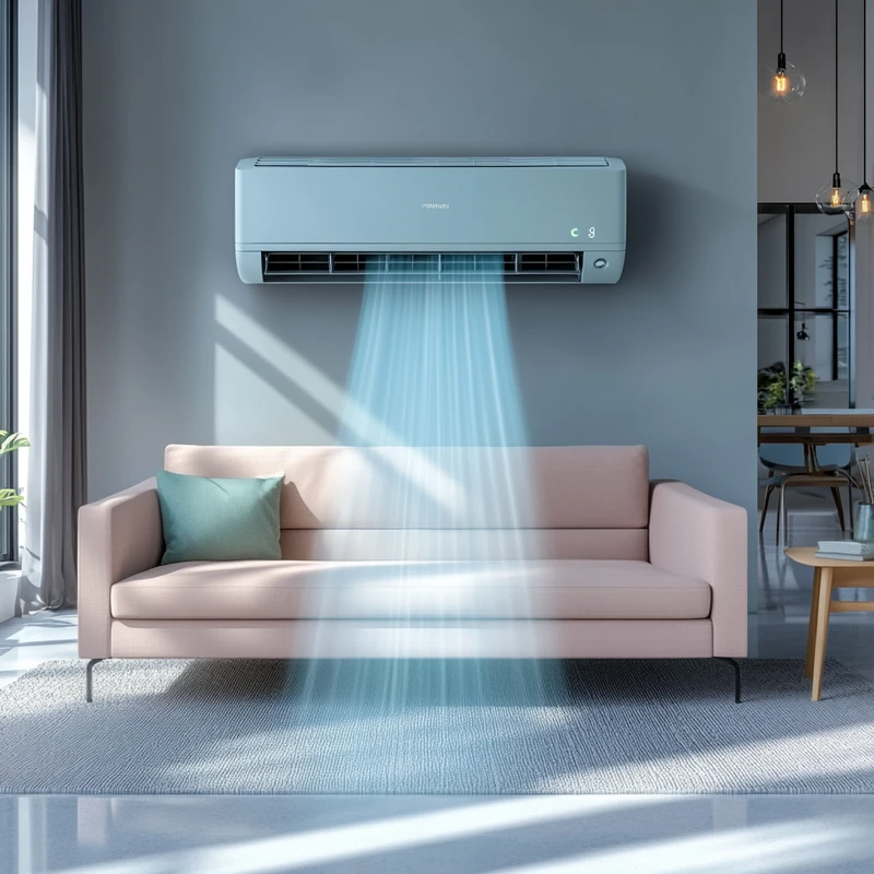 최신 벽걸이 에어컨이 모던한 거실에서 부드러운 바람으로 공간을 채우고, 세련된 인테리어와 조화를 이루며 고급스러움을 더하고 있습니다.