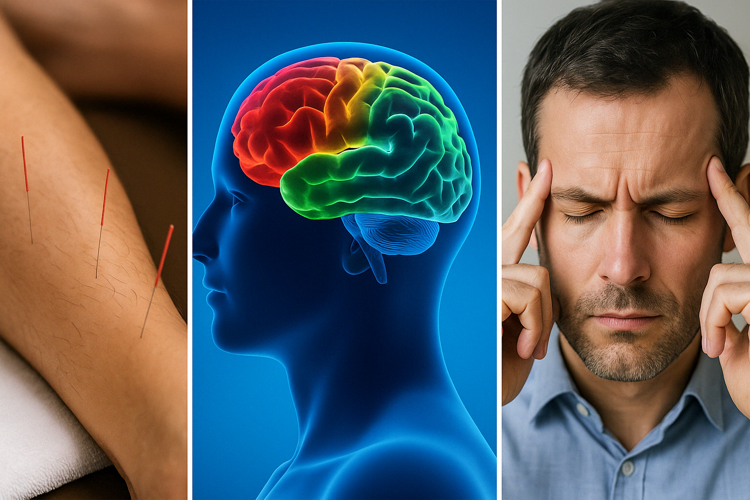다리 침 치료, 뇌의 활성화, 그리고 집중하는 남성의 모습을 담은 고화질 3분할 이미지