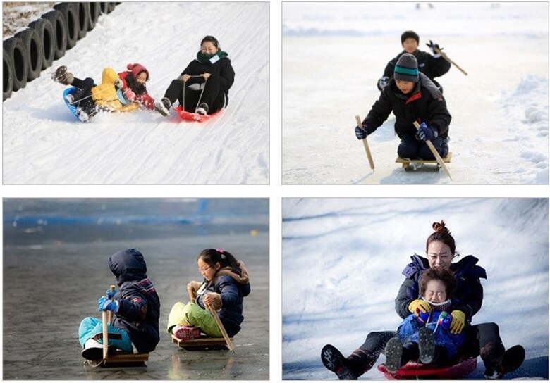 상단좌측부터 하단 우측까지, 엄마와 딸이이 눈썰매를 타고 내려오는 모습과 아이들이 얼음이 언 강에서 썰매를 타는 모습