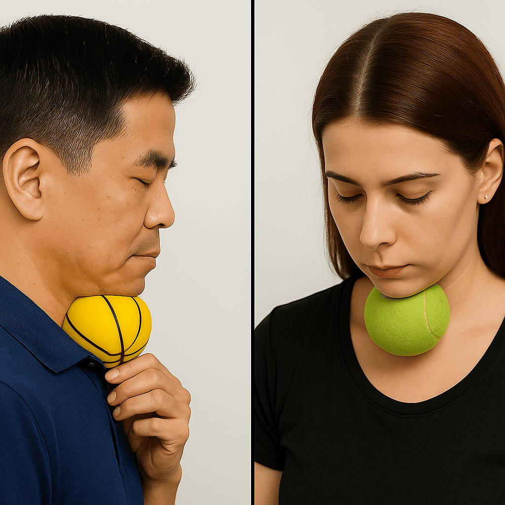 이중턱을 개선하는데 효과적인 운동인 볼을 이용한 운동(Ball Press) 모습, AI generated illustration