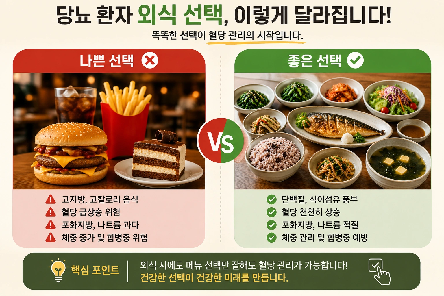 당뇨 환자의 외식 시 혈당 관리에 도움이 되는 건강한 메뉴와 피해야 할 패스트푸드 및 고당분 음식을 비교한 이미지