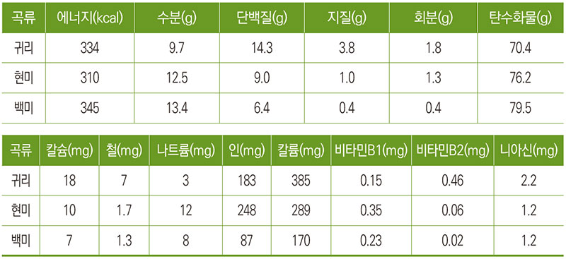 귀리 현미 백미 영양성분표