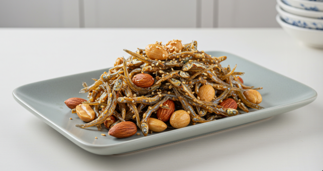 멸치견과류볶음이 접시에 담겨 있는 모습