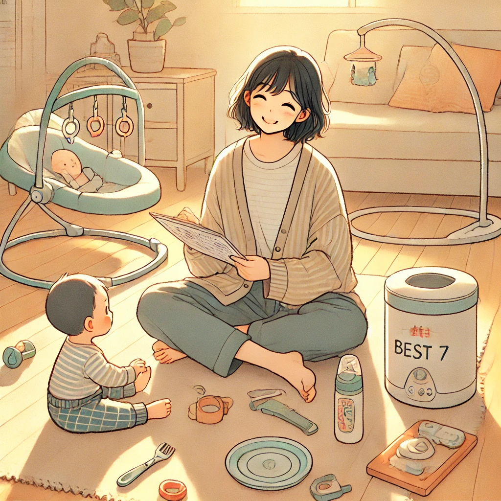 거실에 앉아 아기와 함께 다양한 육아템을 살펴보는 초보 엄마, 체크리스트를 들고 미소 짓는 감성적인 장면