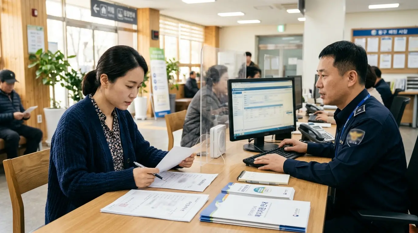 한국의 행정복지센터 복지 상담 창구에서 전업주부가 자산 증빙 서류와 신용 확인 매뉴얼을 꼼꼼하게 검토하는 사실적인 대면 장면