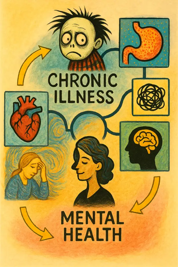 만성질환과 정신건강 문제 사이의 상호작용과 연결고리를 시각화한 인포그래픽, 다양한 감정과 신체 증상이 상징적으로 표현됨