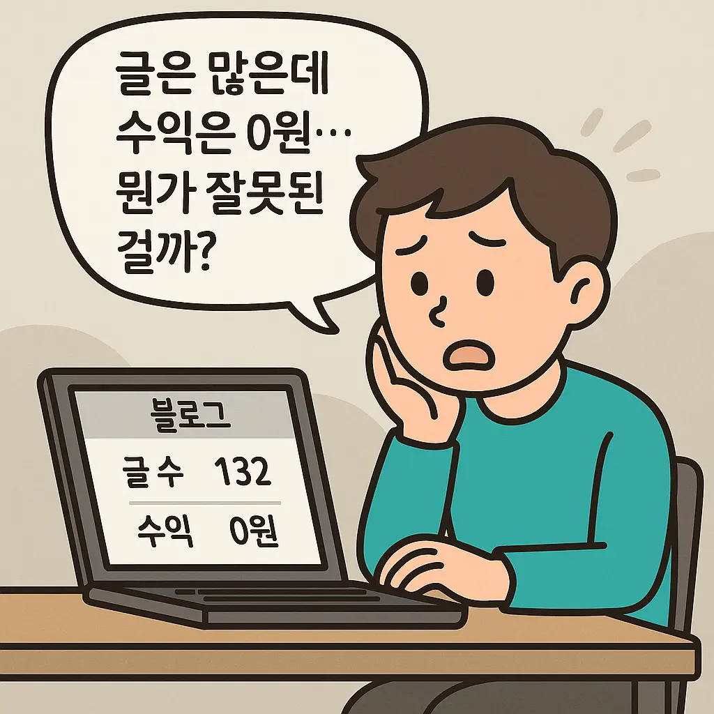 블로그 글 수는 많은데 수익은 0원이라며 고민하는 사람의 모습